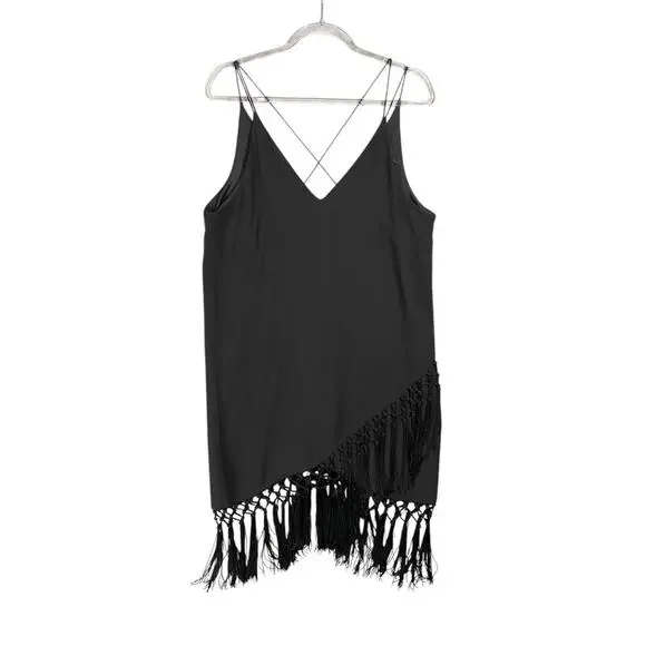 H&M V-Neck Cross Strap Wrap Skirt Fringe Evening Wear Party Dress Black Sz Large - Picture 1 of 9